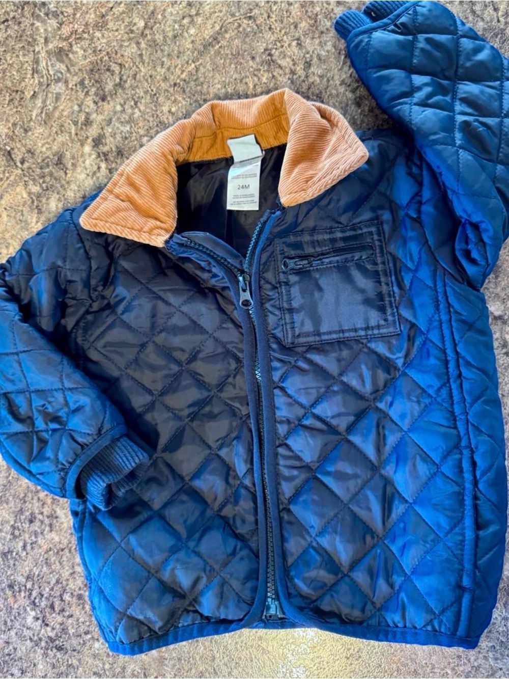 Little Lad Quilted Navy Kids Jacket with Tan Corduroy Collar 24 months